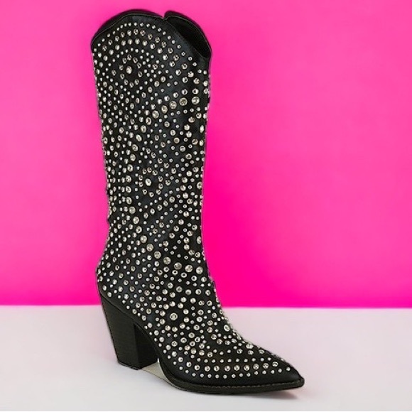 Beast AUTUMN Tall Black Faux Leather Stud & Rhinestone Embellished Cowboy Boots - Picture 2 of 7